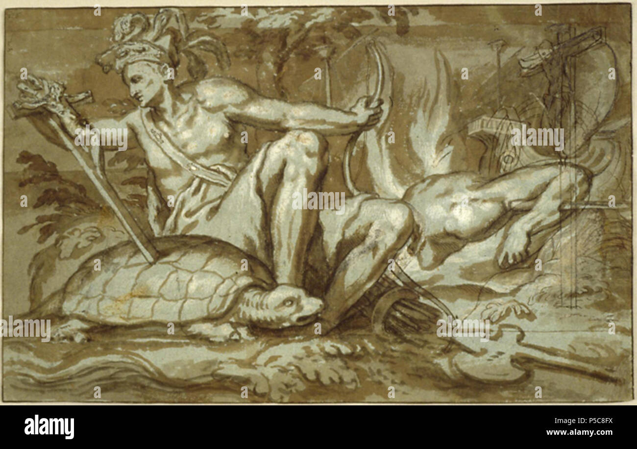 N/A. Englisch: Allegorie von Amerika von Paolo Farinati, 1595, Stift und Tinte braun, braun Waschen und gouache Highlights (von denen einige über Schwarze Kreide verfinstert haben) auf blauem Papier, 10 5/8 x 16 13/16-in. (27 x 42,7 cm), Ackland Art Museum. 1595. Paolo Farinati 549 Allegorie von Amerika von Paolo Farinati, Tusche und gouache Stockfoto