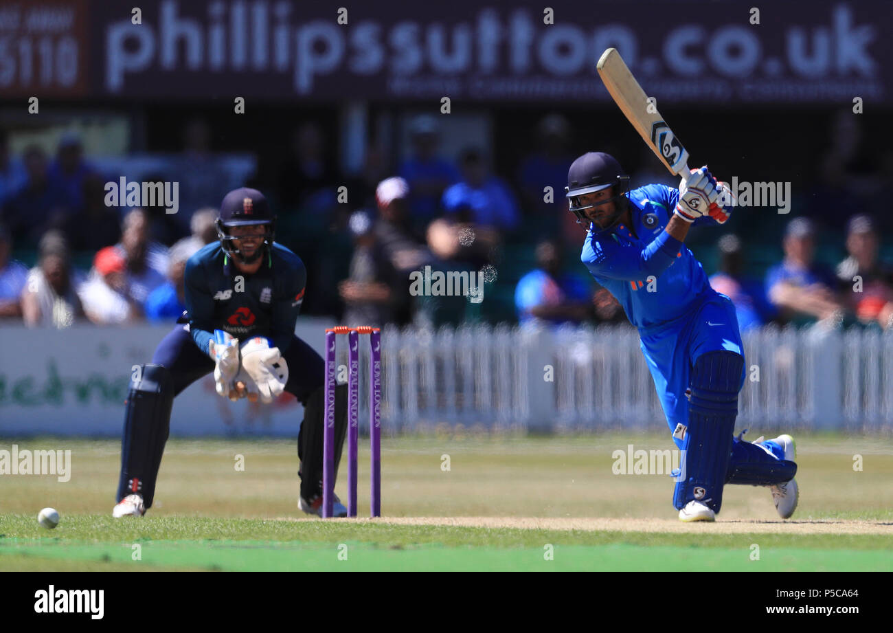 Indien Mayank Agarwal Hits heraus auf seinem Weg zu seinem Jahrhundert während der Tri-Series Gleiches an der Fischer Grafschaft Boden, Leicester. Stockfoto