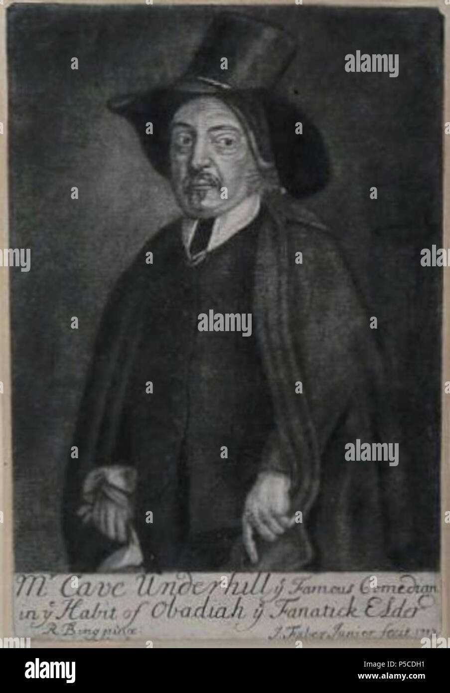 N/A. Englisch: Portrait von Höhle Underhill (1634-1710), englischer Schauspieler. Er ist im Charakter als Obadja im Ausschuss (1665) von Robert Howard. 1712. Graveur Johannes Faber Jr, nachdem Robert Bing (Wörterbuch der Nationale Biographie) 283 Höhle Underhill Faber Stockfoto