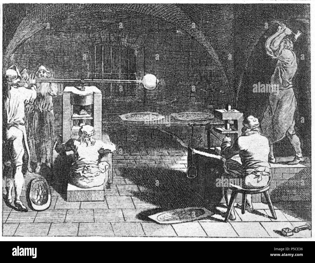 N/A. Registerkarte. LVI. Handwerke und Künste. d) Der münzer vor dem Klippwerk, welchem, vermittelst des Steigbügels, der Prägestempel kann aufgehoben werden, um jedesmal das geprägte Stück herauszunehmen. Auf der anderen Seite ein Stoßwerk, in welchem, vermittelst der Balanzierstange, Münzen geprägt werden. (Beschreibung Lt. Quelle). 1774. Daniel Chodowiecki (1726 - 1801) Alternative Namen Daniel Nikolaus Chodowiecki Beschreibung deutsch-polnischen Maler und Graphiker Geburtsdatum / Tod 16. Oktober 1726 vom 7. Februar 1801 Ort der Geburt / Todes Gdask Berlin Standort Berlin Behörde co Stockfoto