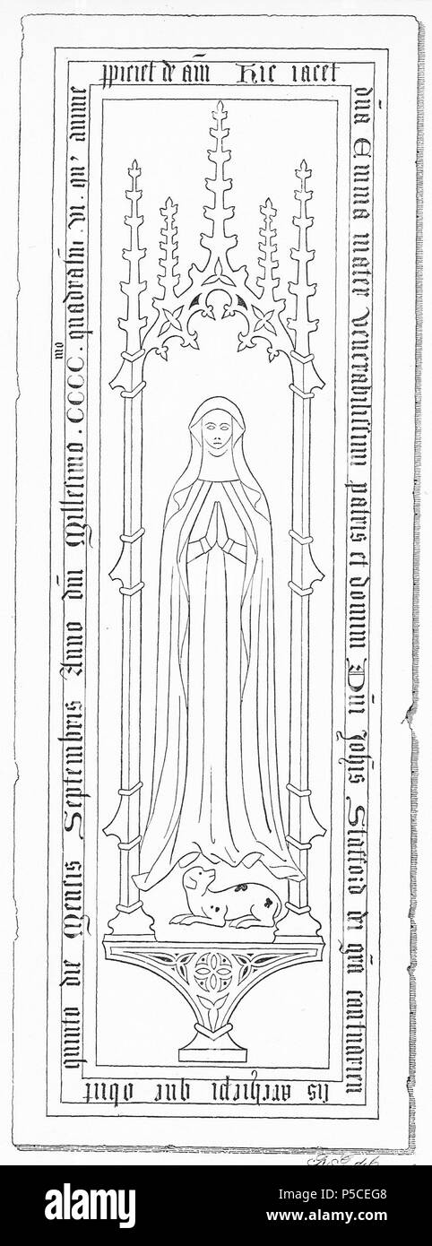 N/A. Englisch: Bildnis von Emma, Mutter von Erzbischof John Stafford (d 1452), North Bradley Kirche, Wiltshire. Inschrift im Hauptbuch - Line: Hic jacet d (omin) eine Emma mater Venerabilissimi patris et Domini D (OMI) ni Joh (Ann) ist Stafford dei gra (Tia) Cantuariensis Archiepi (scopi) que obiit Quinto sterben mensis Septembris anno d(Omi) ni Millesimo ccc. mo Quadra (Gen) s (i) Mo vi. o Die cui (us) Anime p (ro) piciet (UR) de (us) bin (en) ("Hier liegt Lady Emma Mutter der am meisten verehrten Vater und Herr, Herr John Stafford von Gottes Gnaden, Erzbischof von Canterbury, der am 5. Tag des Monats September starb im Stockfoto