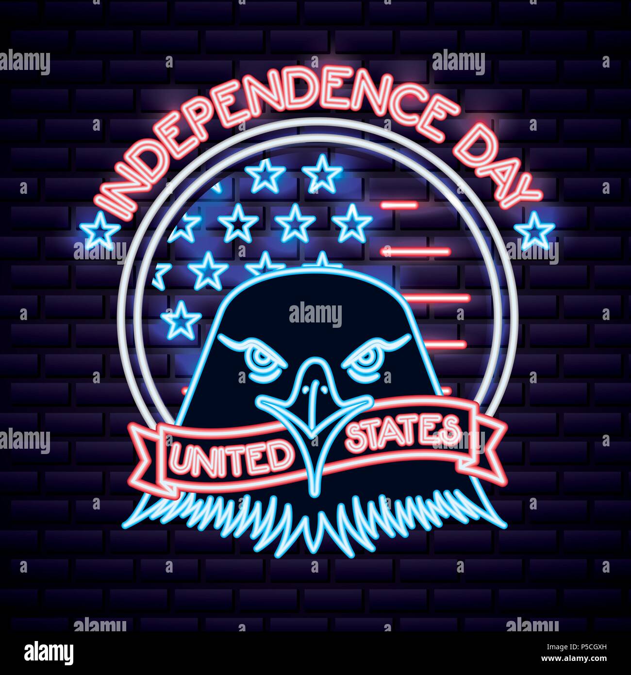 American Independence day Aufkleber mit USA-Flagge neon Eagle Holding ribbon Vector Illustration Stock Vektor