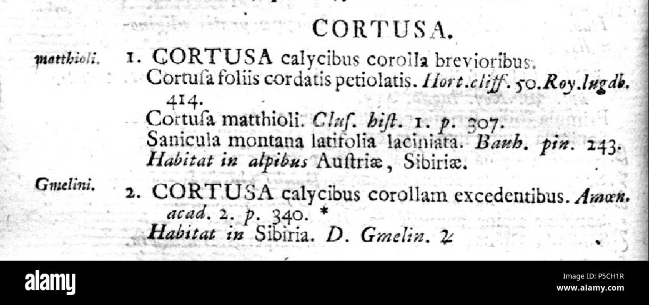 N/A. Englisch: Cortusa matthioli. Beschreibung der Anlage, die von Carl von Linné auf Arten plantarum:. , Arten Plantarum. 1753. Carl von Linné (1707-1778) Alternative Namen Carl von Linné Beschreibung Geologe, Professor, Botaniker, Arzt, autobiographer und Naturforscher Geburtsdatum / Tod 23. Mai 1707 vom 10. Januar 1778 Ort der Geburt / Todes Råshult Linnés Hammarby Standort Uppsala und Stockholm Authority control: Q 1043 VIAF: 34594730 ISNI: 0000 0001 2127 4957 ULAN: 500372798 79109333 LCCN: n NLA: 35307414 WorldCat 382 Cortusa-Linnaeus Arten plantarum Stockfoto