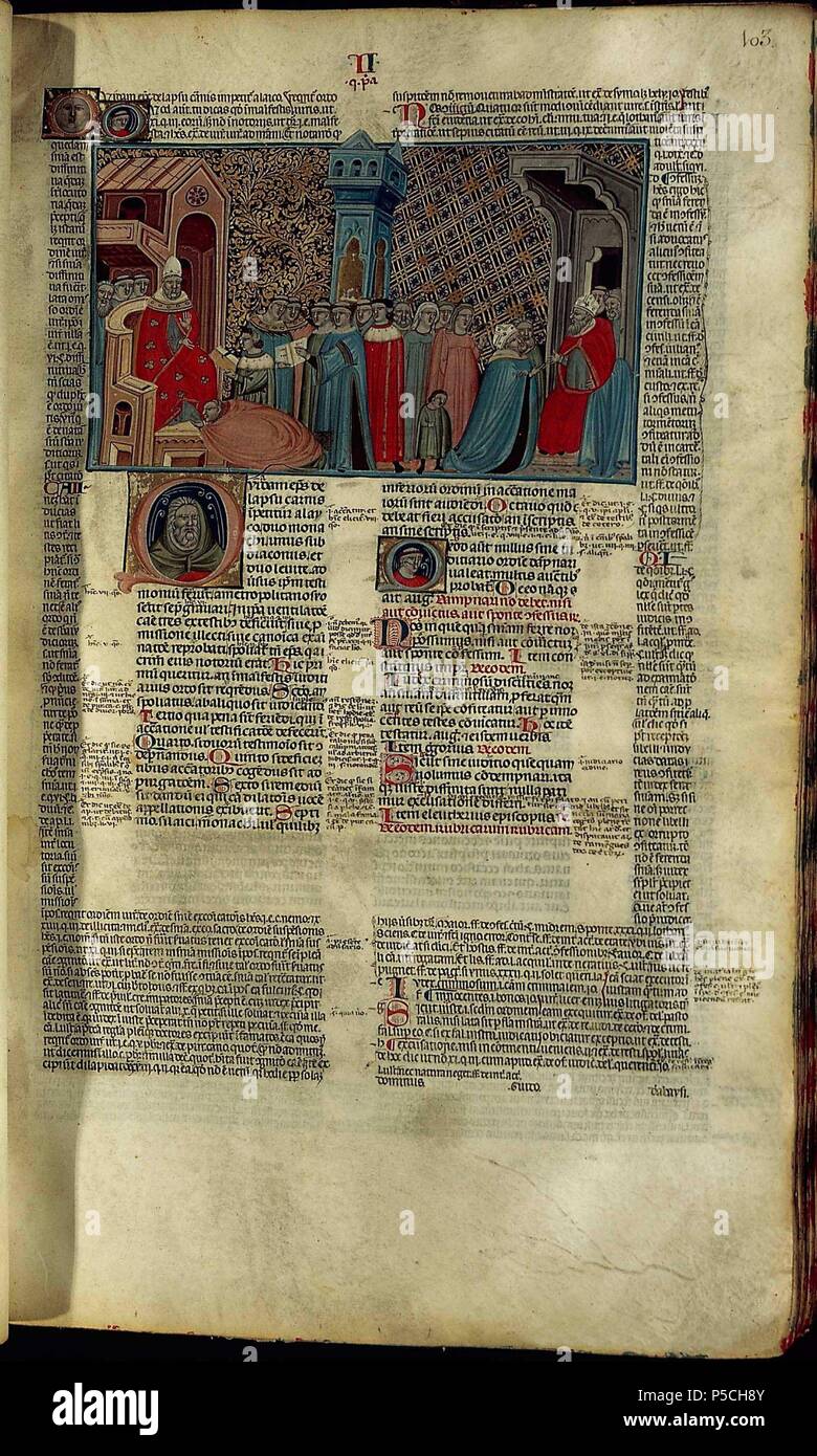 CORPUS Iuris Canonici - DECRETUM GRATIANI CON LAS DE GLOSAS BARTOLOME DE BRESCIA - MANUSCRITO ILUMINADO EN EL SIGLO XIV POR NICOLA DA BOLOGNA (1325/1403). Autor: Bartolomeo da Brescia (d. 1258). Lage: Biblioteca Nacional - COLECCION, MADRID, SPANIEN. Stockfoto