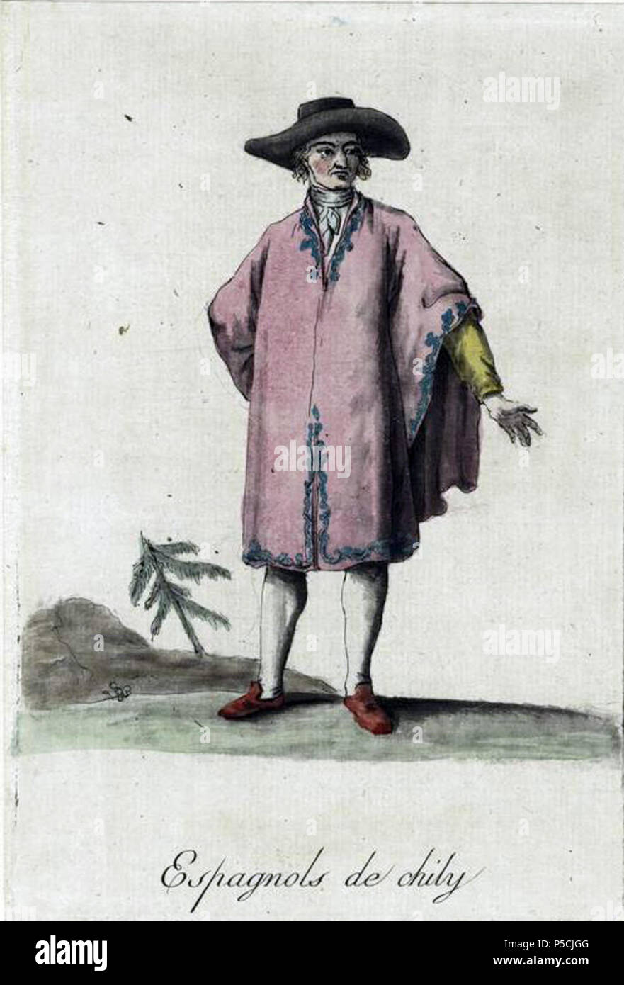 N/A. Español: "Espagnols de Chily. "Español de Chile. 18. Ab Kostüme civils actuels de tous les peuples connus, accompagnés d'une Bekanntmachung historique sur leurs Kostüme, moeurs, Religionen, etc. (Paris: Pavard, 1787-1788) Grasset de Saint-Sauveur, Jacques (1757-1810), Autor. 525 Espagnols de Chily Stockfoto