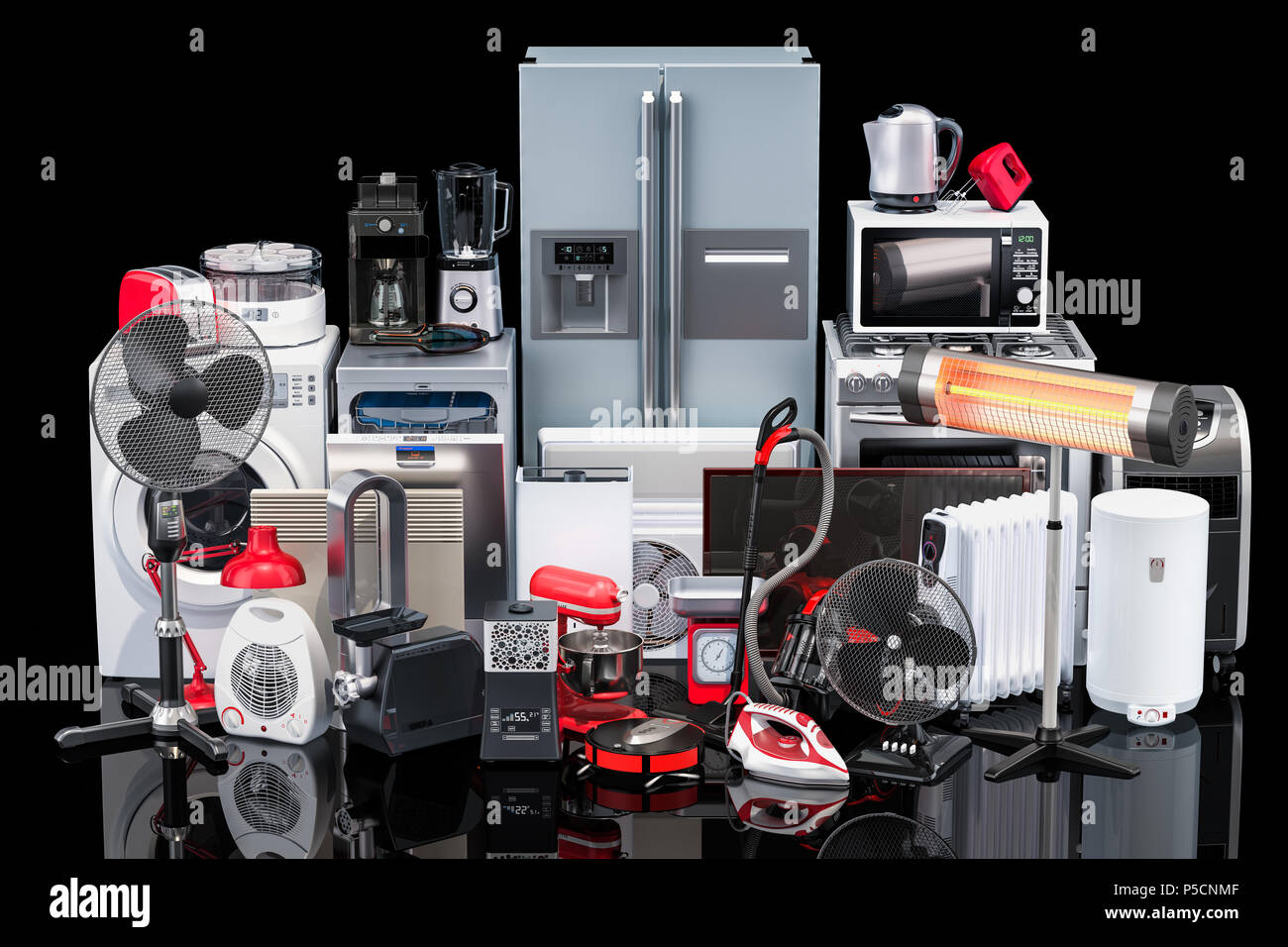 Küche- und Haushaltsgeräte auf schwarzem Hintergrund. 3D-Rendering Stockfoto