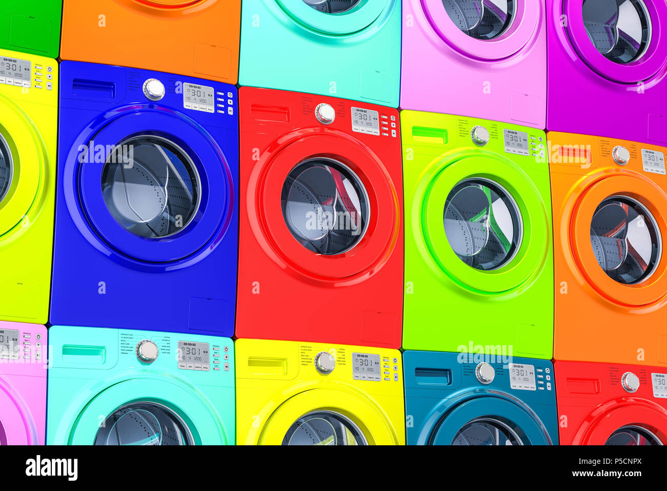 Wand aus farbigem Waschmaschinen, 3D-Rendering Stockfoto
