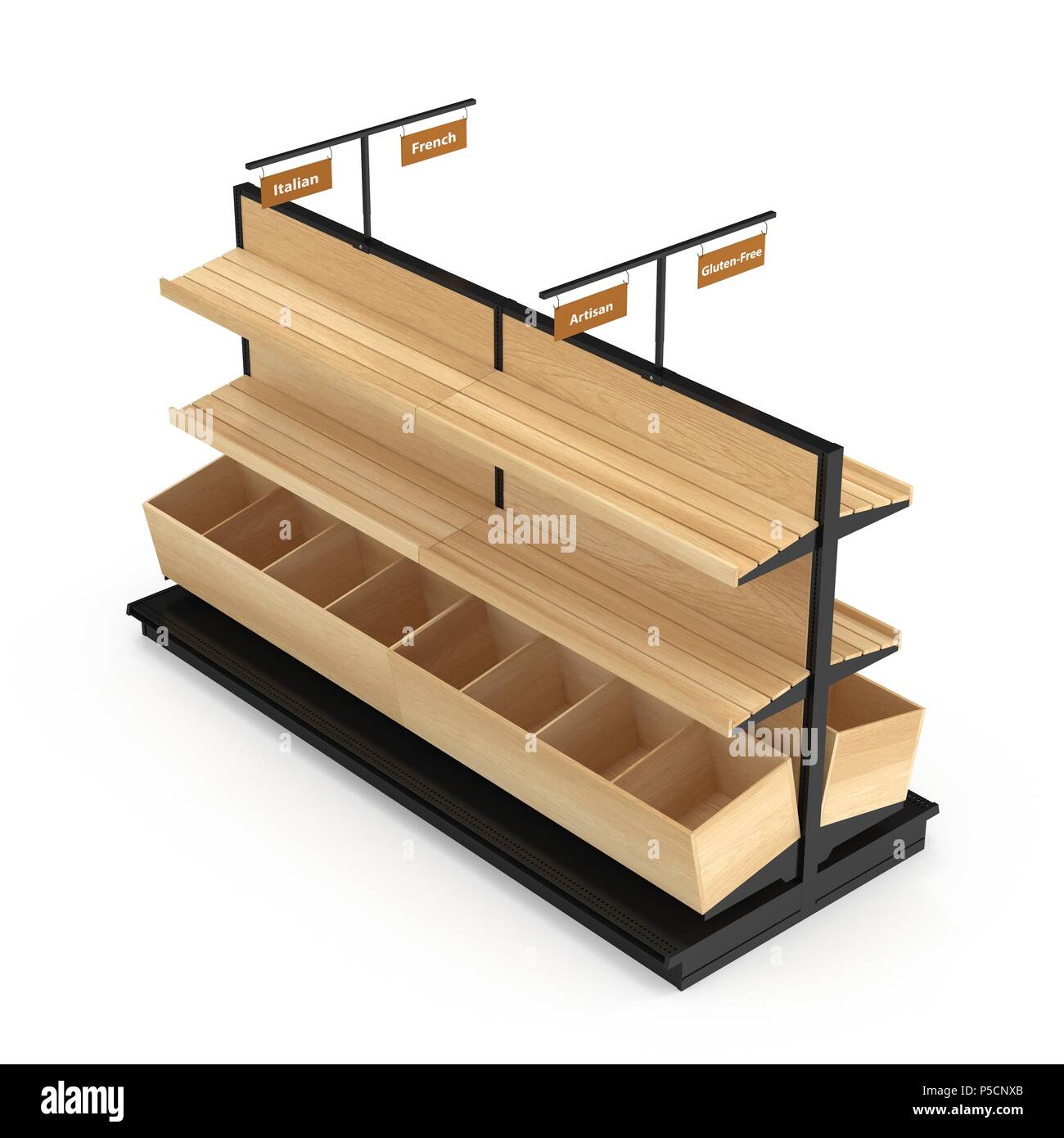 Bäckerei Lattenrost Regal Befestigung auf Weiß. 3D-Darstellung Stockfoto