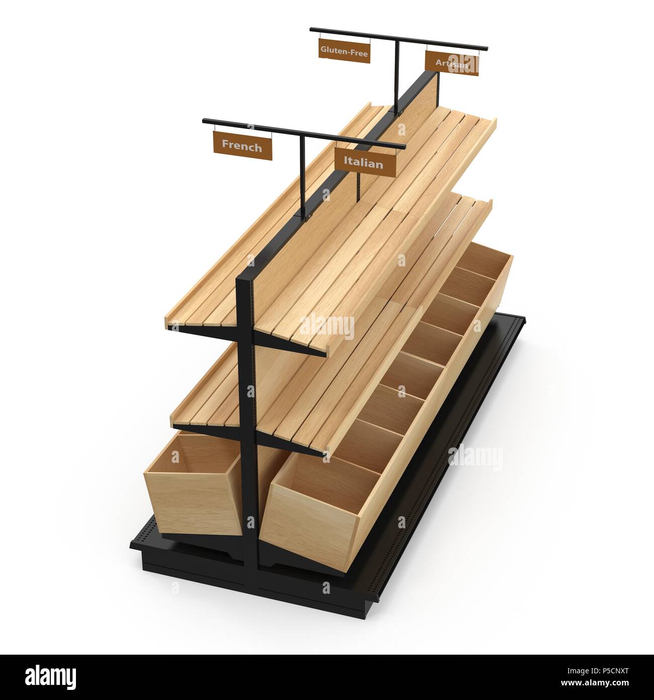 Bäckerei Lattenrost Regal Befestigung auf Weiß. 3D-Darstellung Stockfoto