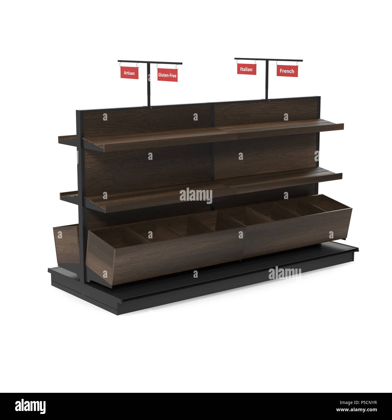 Bäckerei Lattenrost Regal Befestigung auf Weiß. 3D-Darstellung Stockfoto