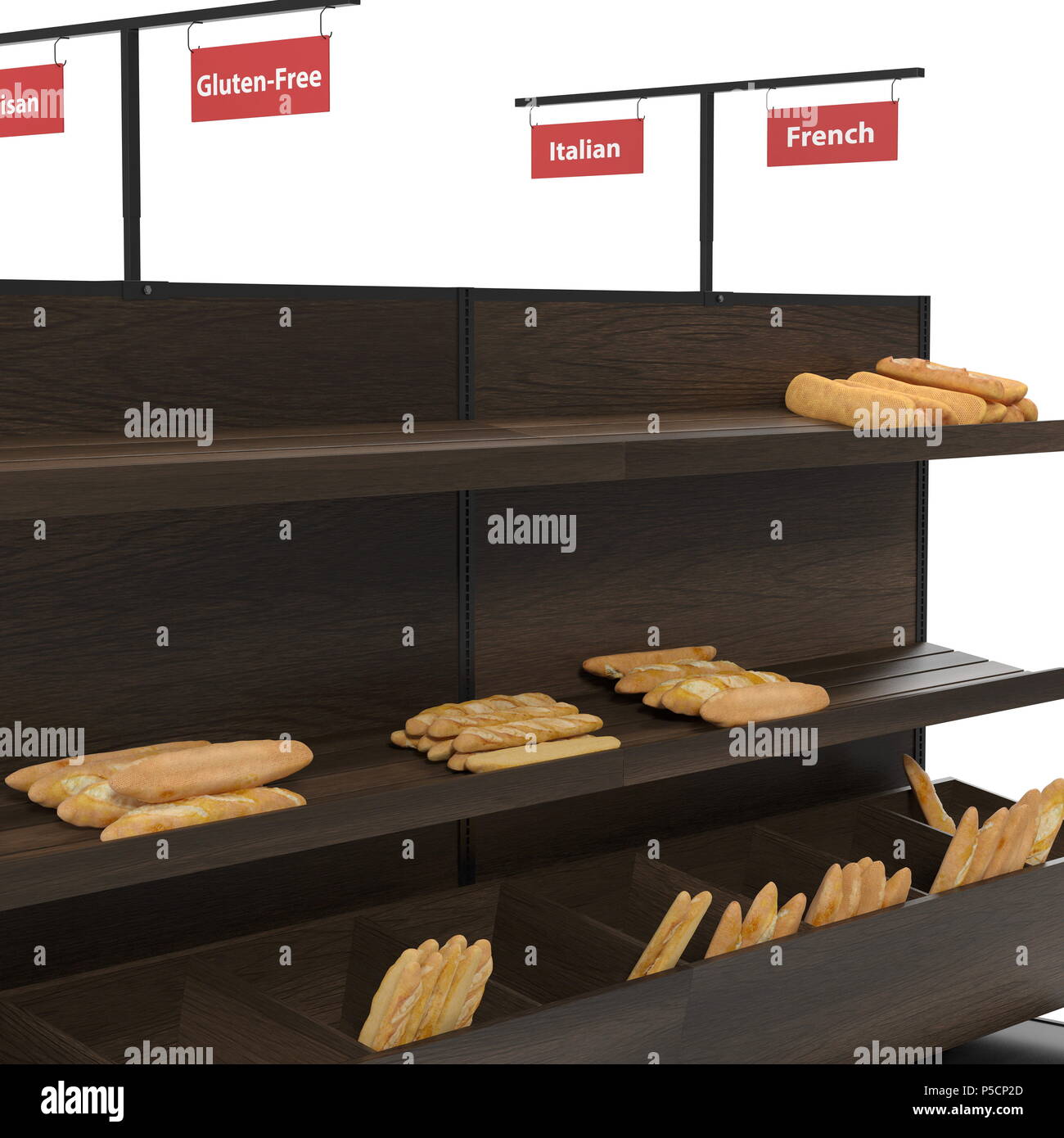 Bäckerei Lattenrost Regal Befestigung auf Weiß. 3D-Darstellung Stockfoto