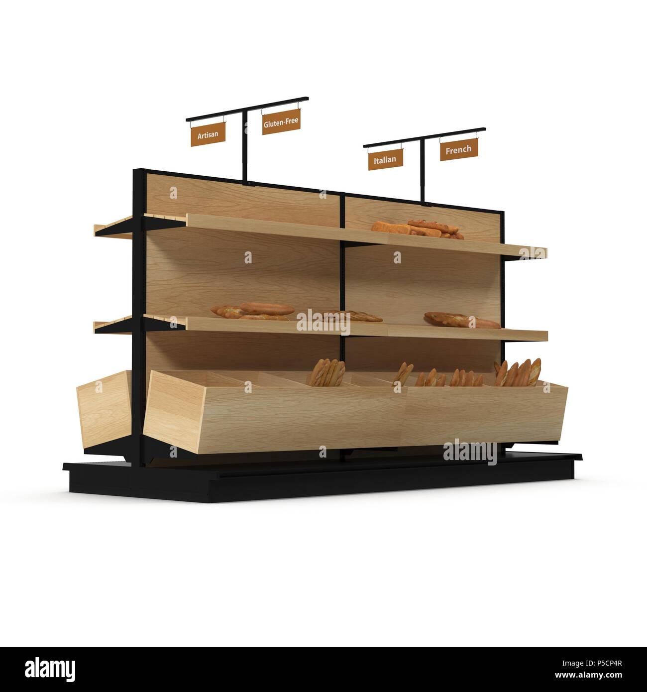 Bäckerei Lattenrost Regal Befestigung auf Weiß. 3D-Darstellung Stockfoto