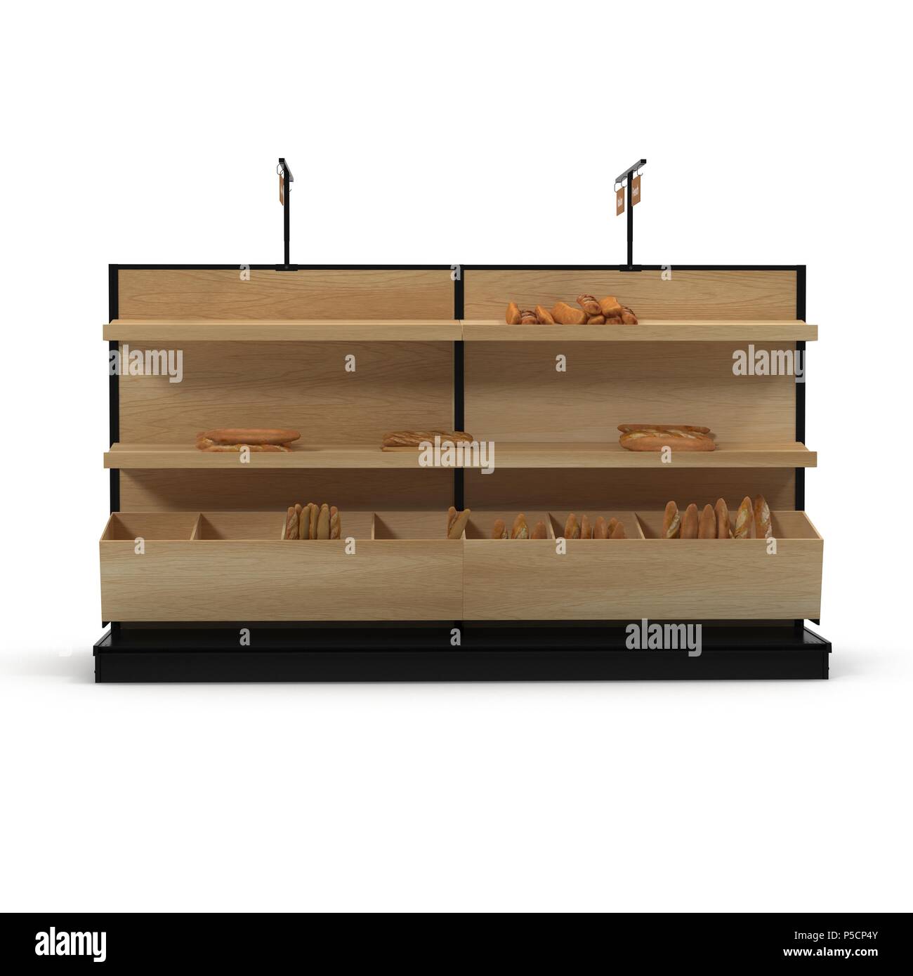 Bäckerei Lattenrost Regal Befestigung auf Weiß. Vorderansicht. 3D-Darstellung Stockfoto