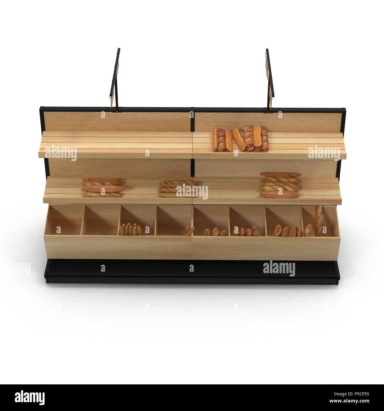 Bäckerei Lattenrost Regal Befestigung auf Weiß. Vorderansicht. 3D-Darstellung Stockfoto