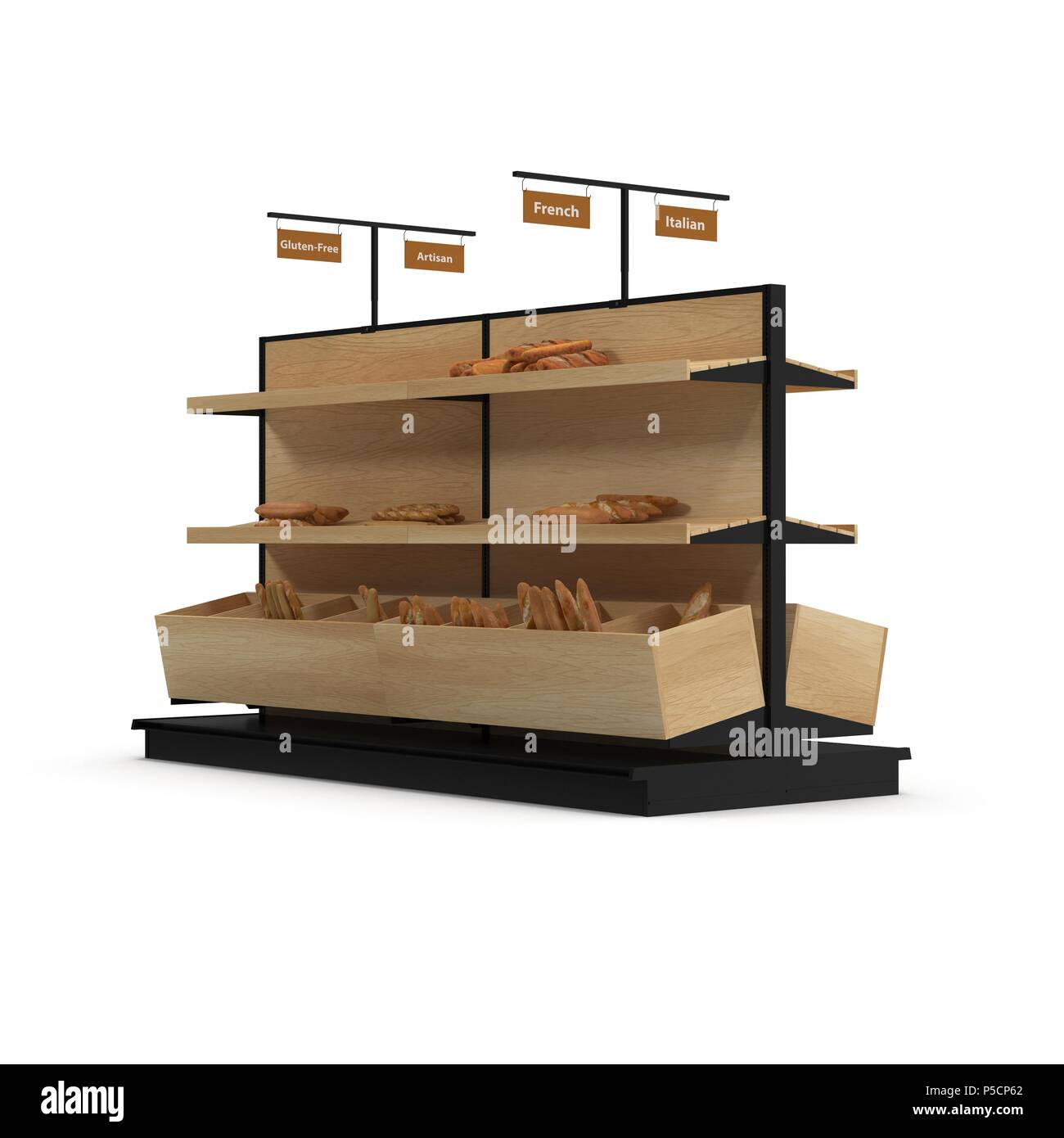 Bäckerei Lattenrost Regal Befestigung auf Weiß. 3D-Darstellung Stockfoto