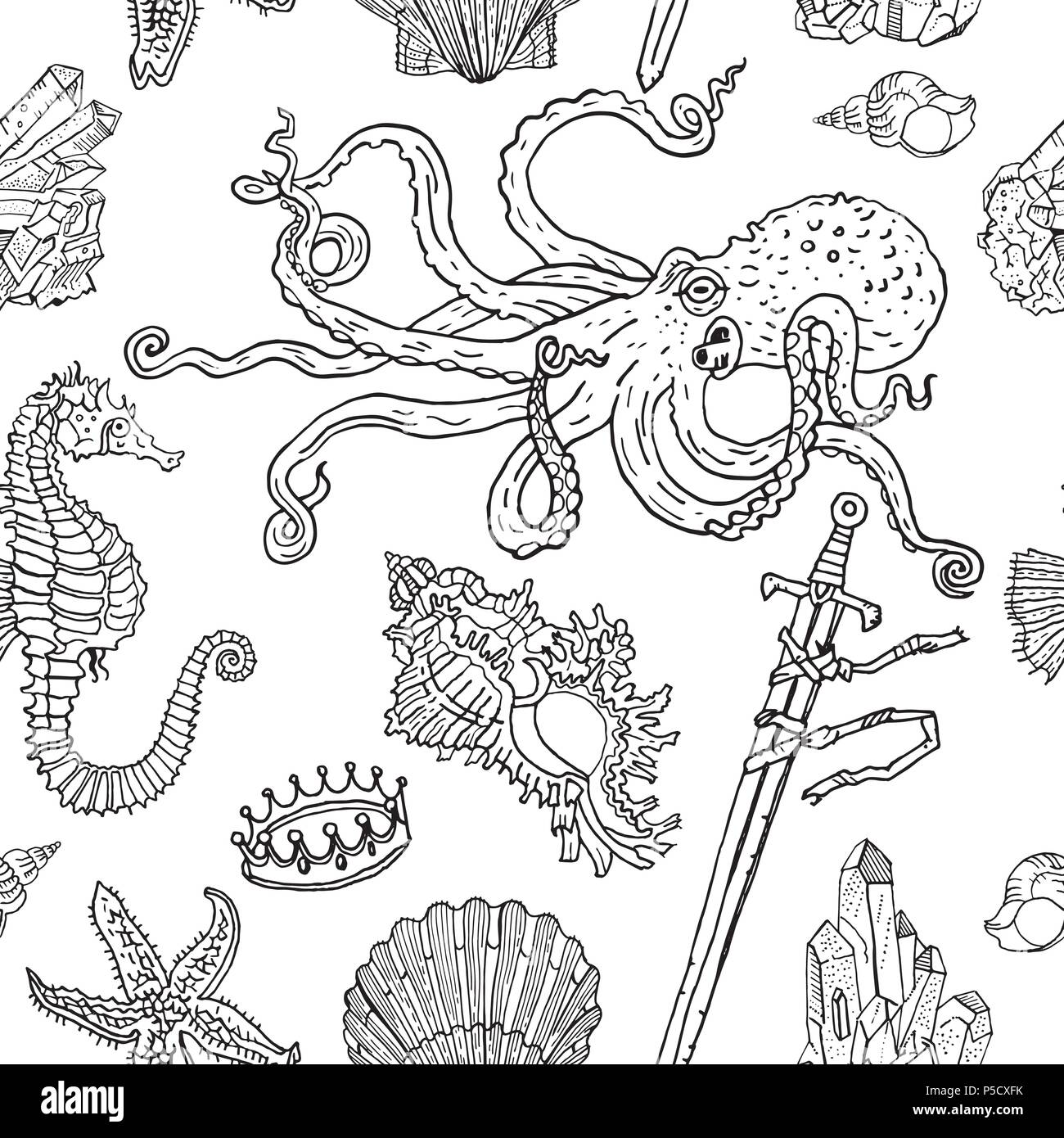 Nautische nahtlose Muster: Octopus, Shell, Seesterne, ertrunken, Schwert, Krone, Kristalle, Sea horse. Vintage tattoo Gravur stil Vector Illustration gezeichnet. Natur, Unterwasser, Boho, Kinder, Färbung. Stock Vektor