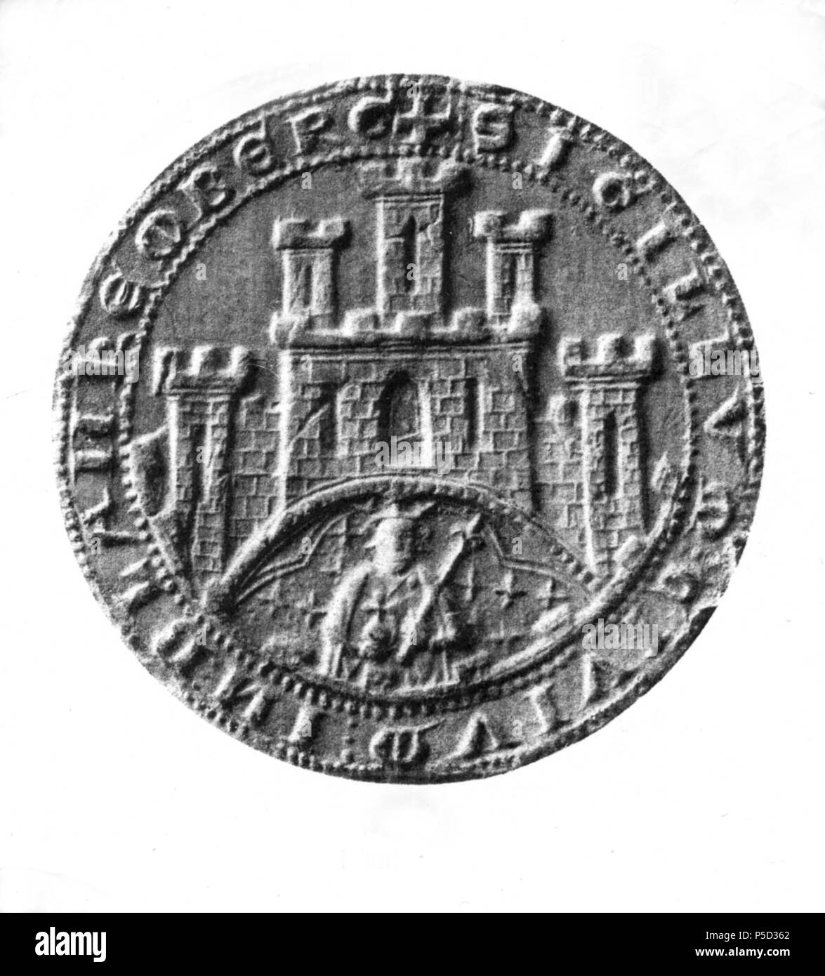 N/A. English: Blankenberg, Stadtsiegel 12. März 1451. Siegelbild: Burg mit seitlich anstoßender Stadtmauer. Darunter in einer ausgesparten Nische das Brustbild des Königs mit Krone, Zepter und Reichsapfel. Umschrift: † CIVIVM SIGILLVM · · · BLANKENBERG. 1451. Unbekannt 209 Blankenberg 1451 Stockfoto