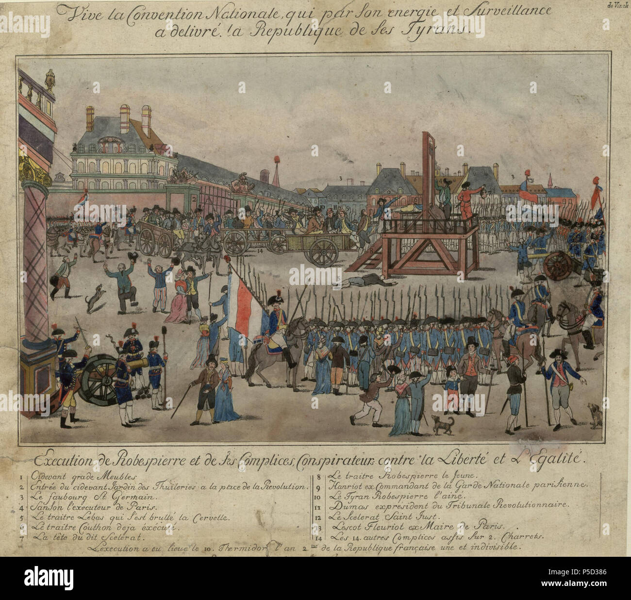 N/A. Deutsch: Die Hinrichtung Robespierres und Thunfischwadenfänger Anhänger bin 28. Juli 1794 Englisch: Die Ausführung von Robespierre und seine Anhänger am 28. Juli 1794 Français: Ausführung de Robespierre et de ses Mittaetern conspirateurs Contre la Liberté et l'Egalité. Cidevant grade Meubles Entrée du Jardin des cidevant Thuileries a la place de La Révolution Le Faubourg St. Germain Sanson l'exécuteur de Paris Le traitre Lebas qui s'est la brullé Cervelle Le traitre Couthon deja executé La tête du dit scelerat Le traitre Robespierre le Jeune Hanriot ex Kommandant de la Garde Nationale parisienne Le tyran Rob Stockfoto