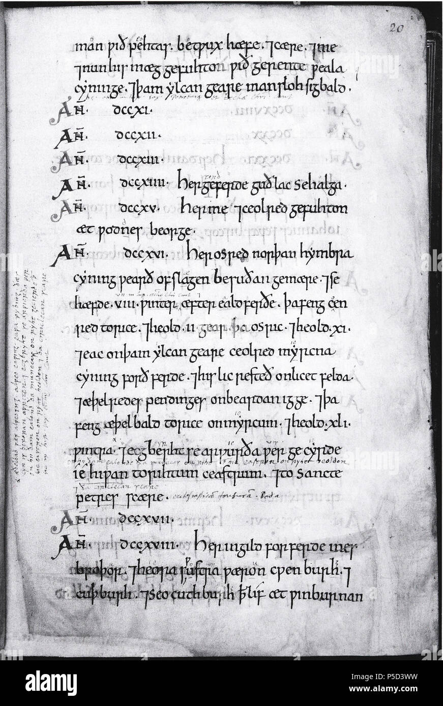 N/A. Englisch: Folio 20 Rückseite der British Library ms Baumwolle Tiberius B.IV (aka angelsächsischen Chronik Version D, von Worcester). Diese Seite wurde im 16. Jahrhundert von John joscelyn, die wahrscheinlich die Handschrift im Besitz, bevor er in Robert's Baumwolle Hände übergeben beschriftet. 12./16. Jahrhundert. 12. jahrhundert Schreiber mit 16 Anmerkungen 210 Blmscottontiberiusbivfol 20 r Stockfoto