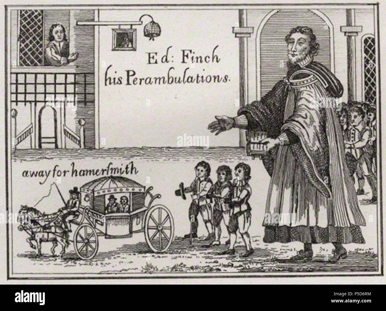N/A. Englisch: Line Gravur nach einem holzschnitt Karikatur von Edward Finch (Fl. 1630-1641), englischer anglikanischer Priester. 1640 der Holzschnitt, aus dem die spätere Version vertreten eine Reise von seinem nach Hammersmith mit einer Partei von vermeintlichen lose Zeichen kopiert wurde. Anfang des 19. Jahrhunderts. Unbekannte Stecher 494 Edward Finch Hammersmith Stockfoto