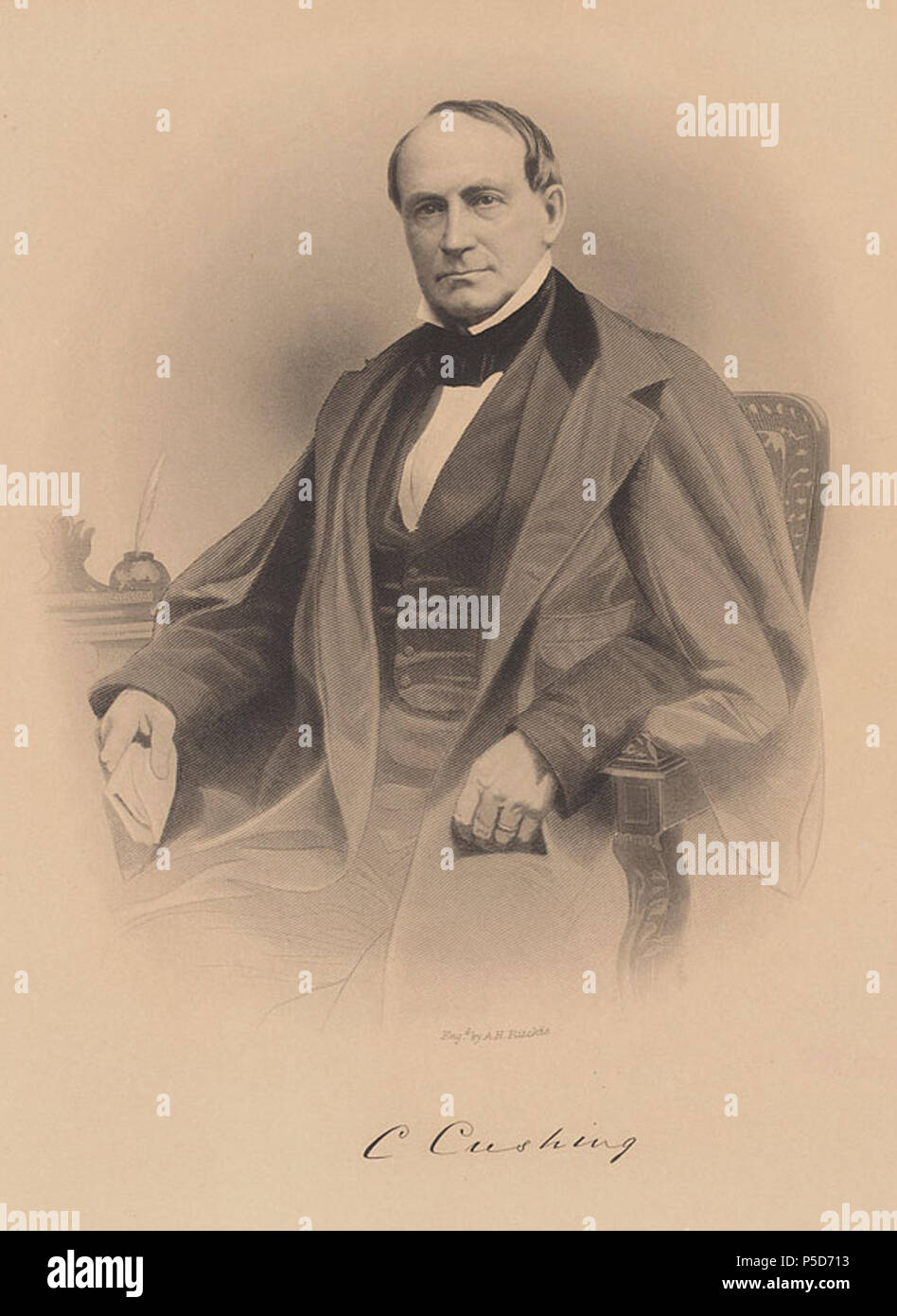 N/A. Englisch: graviert Porträt der Staatsmann und Diplomat Caleb Cushing von Alexander Heu Ritchie (1822-1895). Gravur auf Papier. Cushing ist in drei viertel Länge dargestellt, auf links gedreht, seine Roben von Büro tragen. Bild mit freundlicher Genehmigung von der Harvard Law School Library, Harvard University, Cambridge, Mass. Datum unbekannt. Alexander Heu Ritchie 263 Caleb Cushing von Alexander Heu Ritchie Stockfoto