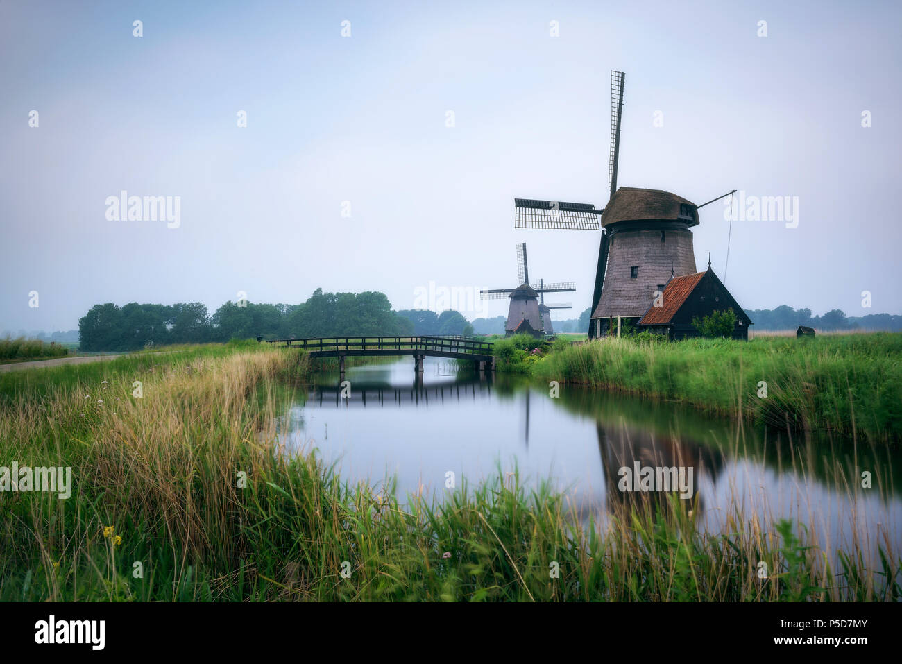 Alte holländische Windmühle in kalten Morgen Landschaft in der Nähe von Amsterdam Stockfoto