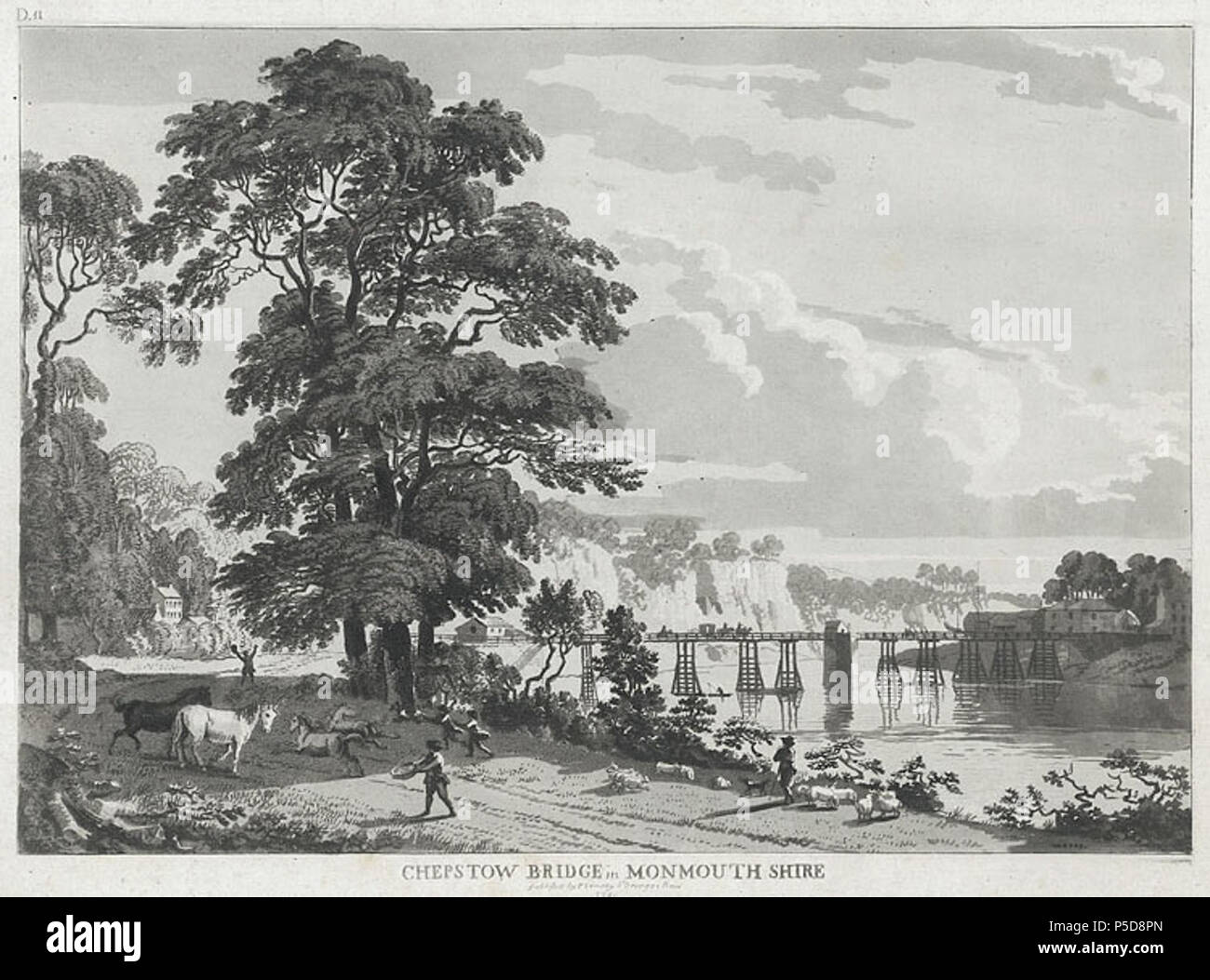 Chepstow Brücke in Monmouthshire [Graphic].. 1 Drucken: aquatinta (Sepia), b&w, Bild Größe 207 x 296 mm., Papier Größe 242 x 320 mm. 1786 Vor 1785, als die Monmouthshire Säulen noch nicht umgebaut vom Holz zum Stein. gewesen. Schränke, Paulus, 337 Newport Bridge in Monmouthshire (3375187) Stockfoto