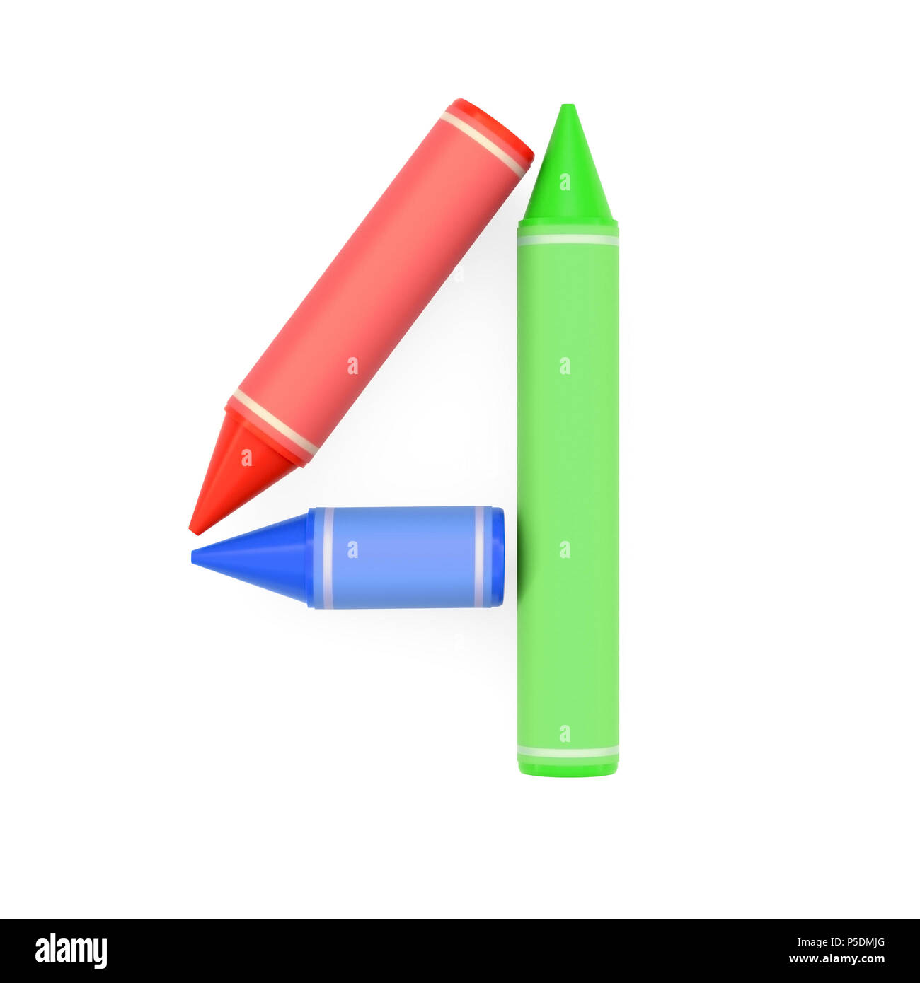 Farbige Wachsmalstifte montiert wie mathematische Stelle 4 auf weißem Hintergrund, 3D-Bild für mathematische Bildung und kindisch Typografie gemacht Stockfoto