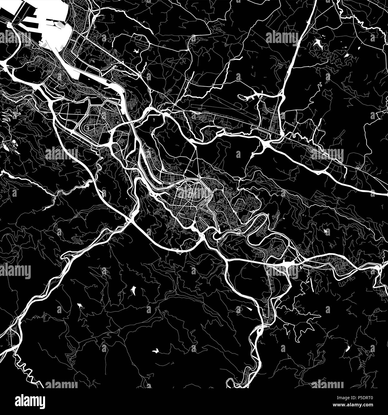 Lageplan von Bilbao, Spanien. Der dunkle Hintergrund Version für Infografik und Marketing Projekte. Diese Karte von Bilbao enthält typische Sehenswürdigkeiten mit Straßen, Stockfoto
