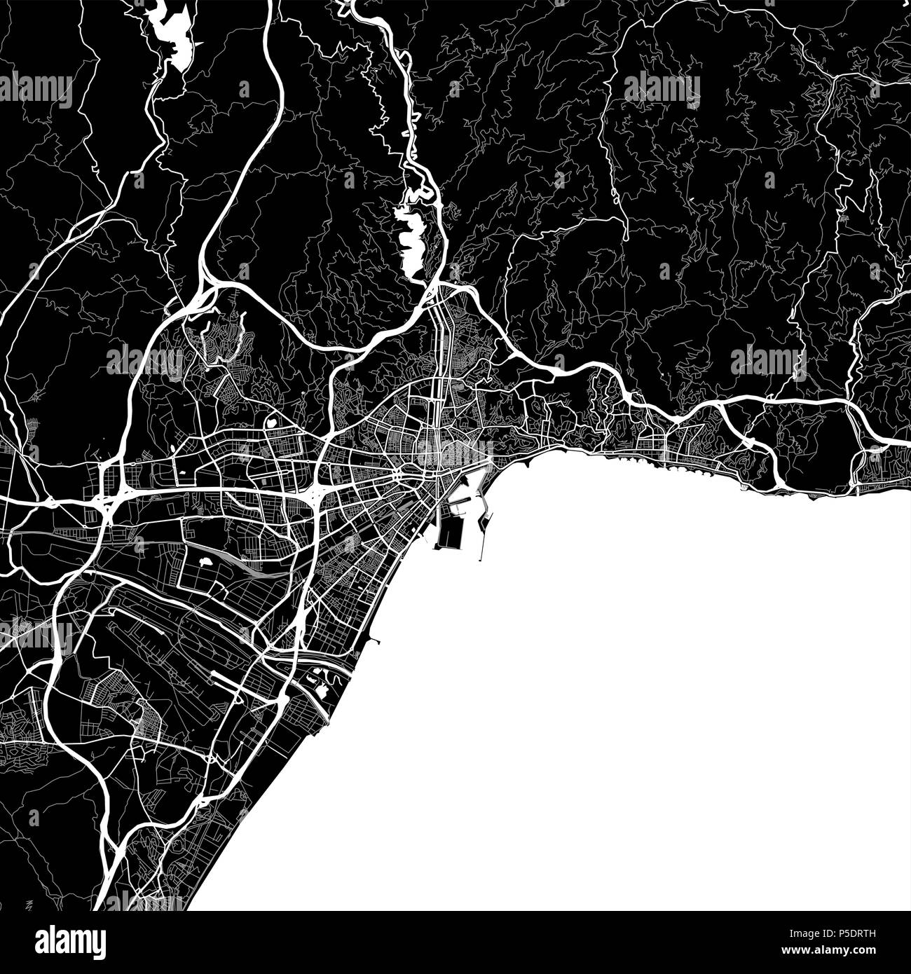 Lageplan von Málaga, Spanien. Der dunkle Hintergrund Version für Infografik und Marketing Projekte. Diese Karte von Málaga enthält typische Sehenswürdigkeiten mit Straßen, Stockfoto