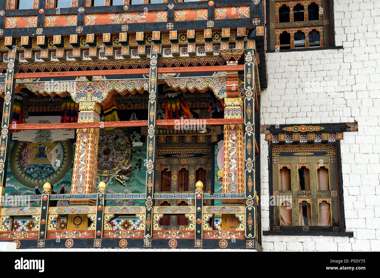 Kunst Architektur von Tashichho Dzong, Thimpu, Bhutan - die respektvolle Dzong in Thimphu Stockfoto
