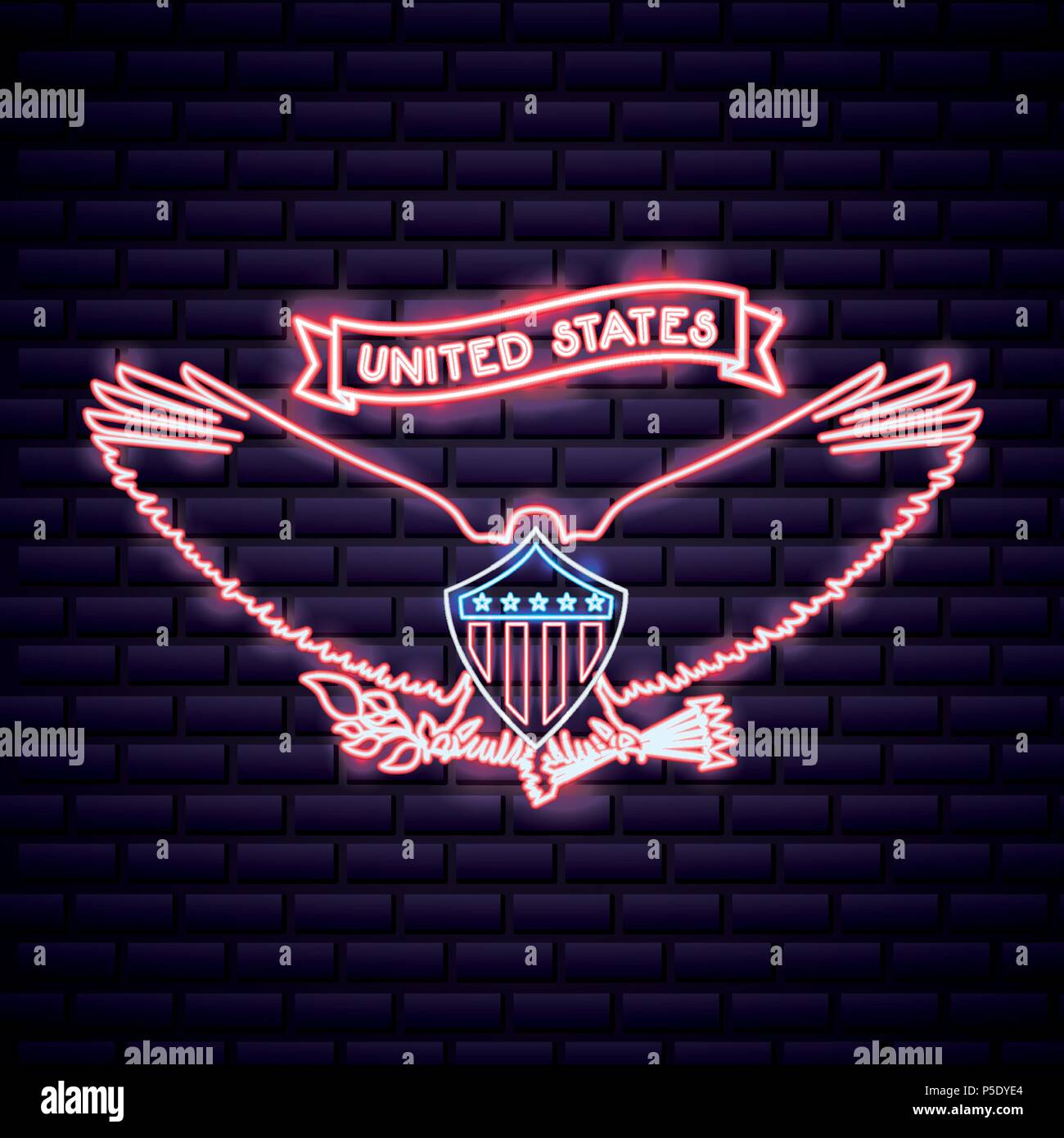 American Independence day neon pink Eagle Holding Pfeile Pflanzen ribbon Vector Illustration Stock Vektor
