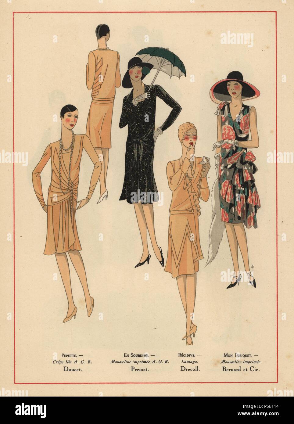 Damenmode von 1928: Kleider in beige Krepp, gedruckten Chiffon, Wolle und  Blumendruck chiffon. Kurze bob Frisuren, breite Krempe Hüte, Sonnenschirme.  Papierkörbe pochoir (Schablone) Lithographie von der Französischen luxus  Mode Magazin "Kunst, Gicht,