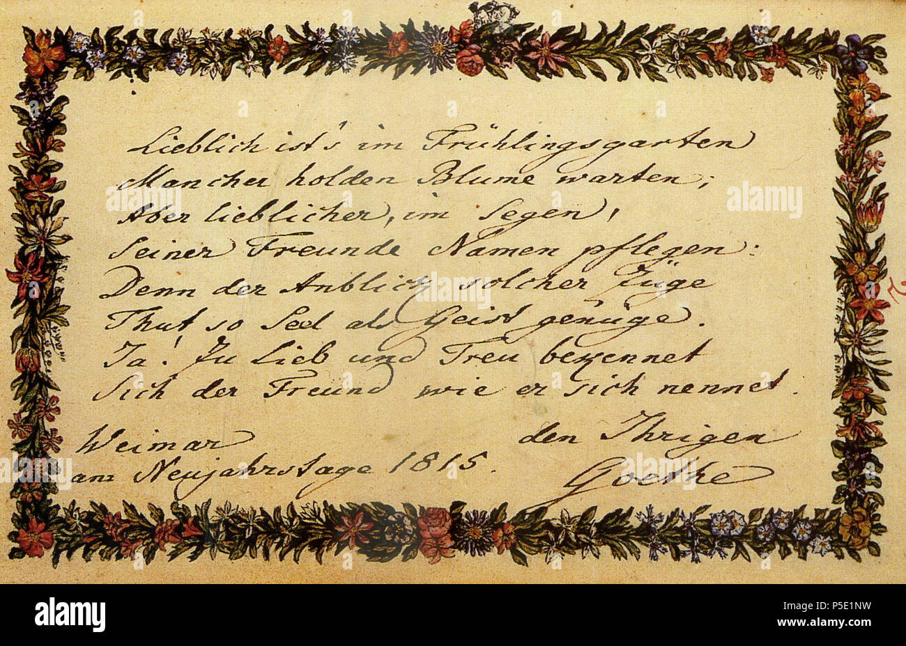 N/A. English: Eintrag in das Stammbuch Antonie Brentano. Englisch: Eintrag in der Amicorum Album von Antonie Brentano von Johann Wolfgang Goethe. 1815. Johann Wolfgang von Goethe (1749 - 1832) Alternative Namen Johann Wolfgang Goethe; Goethe; Goethe, Johann Wolfgang von Goethe; Joh. wolfg. v. Goethe; j. w. von Goethe Beschreibung deutsche Dichter Geburtsdatum / Tod 28. August 1749 vom 22. März 1832 Ort der Geburt / Todes Frankfurt, Deutschland Weimar, Deutschland Authority control: Q 5879 VIAF: 24602065 ISNI: 0000 0001 2099 9104 ULAN: 500014761 79003362 LCCN: n NLA: 35129828 WorldCat 112 Antonie Bre Stockfoto