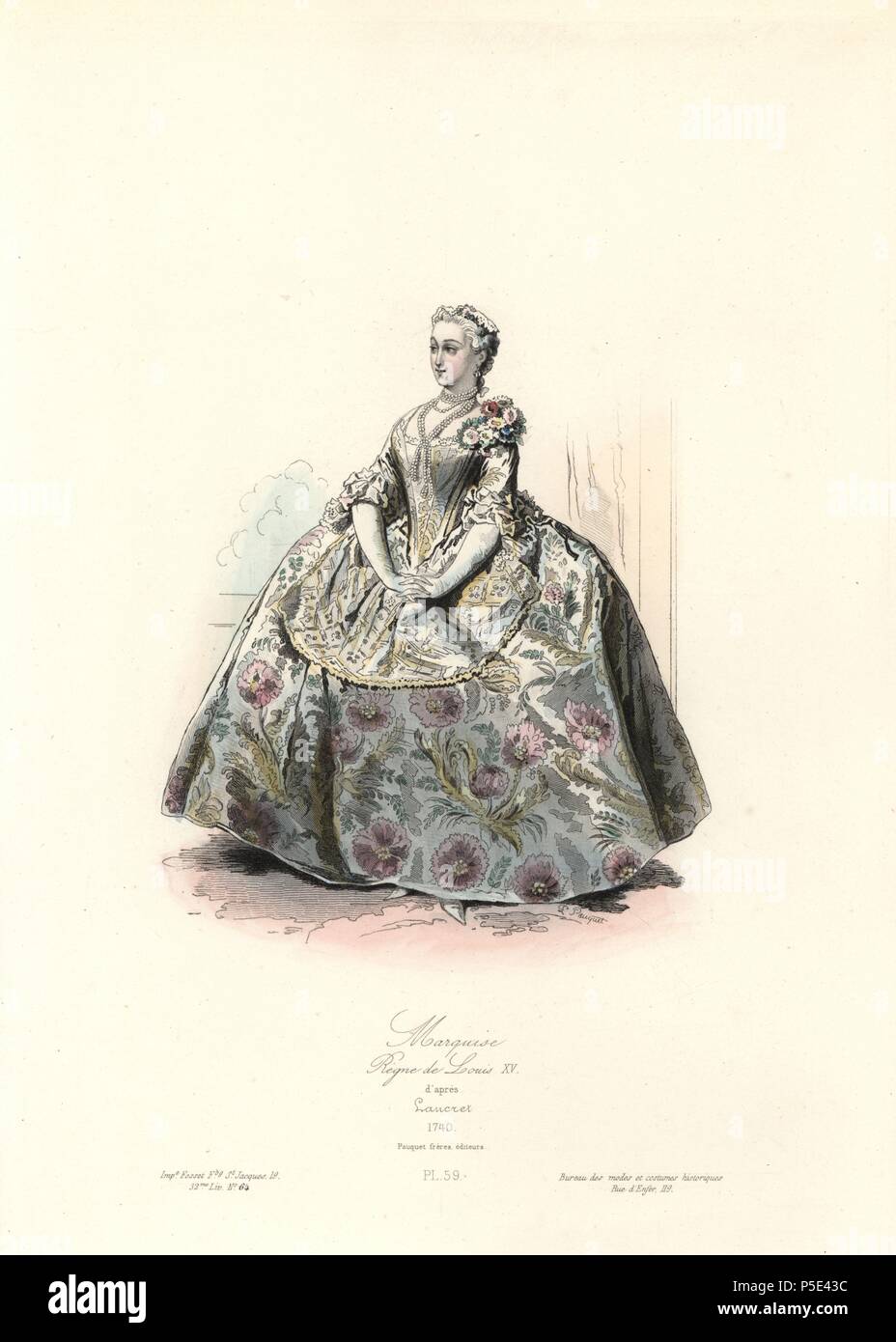 Marquise, Herrschaft von Louis XV, 1740. Papierkörbe Stahlstich von polidor Pauquet nach Nicolas Lancret von 'MOden der Pauquet Brüder et Kostüme Historiques" (Historische Moden und Kostüme), Paris, 1865. Hippolyte (b. 1797) und Polydor Pauquet (b. 1799) lief eine erfolgreiche Verlag in Paris im 19. Jahrhundert, spezialisiert auf illustrierte Bücher über Kostüm, Vögel, Schmetterlinge, Anatomie und Naturgeschichte. Stockfoto