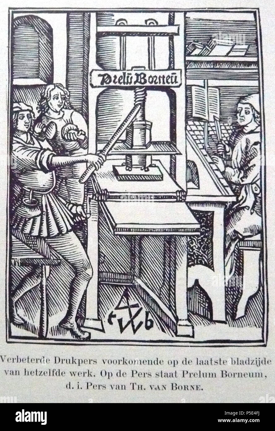 N/A. Englisch: Illustration von Haarlem Druckerei Joh. Enschedé Festschrift anlässlich ihres 150-jährigen Bestehens im Jahre 1893 Reprint von Theodore de Borne 1518 Illustration seiner Druckmaschine Prelum Borneum hergestellt". 1893 (Buch). Joh. Enschedé 516 Enschede-Theodore de Borne 1518 - Prelum Borneum Stockfoto