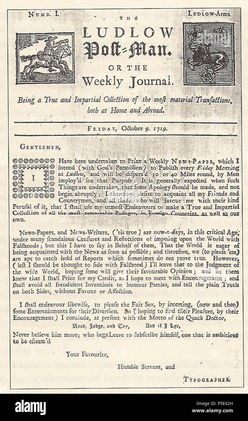 N/A. Englisch: Erste Ausgabe des 'Ludlow Pfosten-mann' britische Zeitung Oktober 9, 1719. Vom 9. Oktober 1719. William Parks 21 1719 Ludlow Pfosten-mann Stockfoto