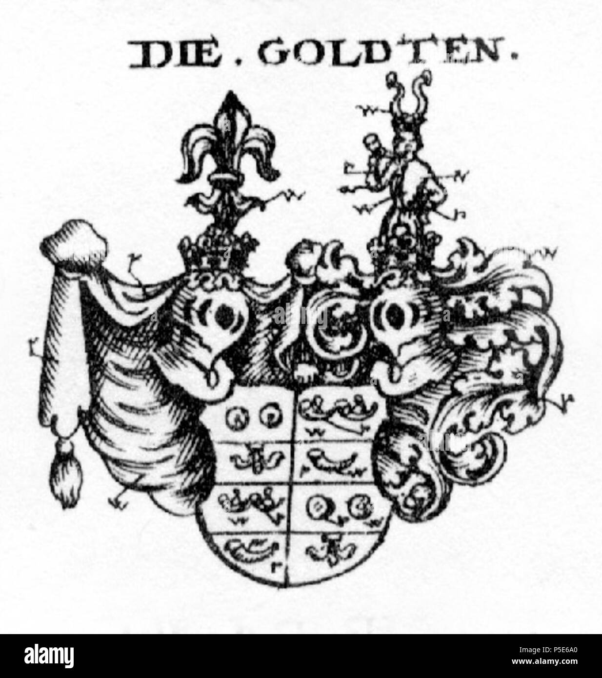N/A. Englisch: Wappen von Gold (t), Österreich Deutsch: Wappen der Gold (t). Zwischen 1701 und 1705. Johann Siebmacher (1561-1611) Alternative Namen Johann Ambrosius Siebmacher, Johann Sibmacher, Johann Syber Beschreibung deutscher Maler, Radierer und Kupferstecher Datum der Geburt / Tod ca. 1561 vom 23. März 1611/ 1611 Ort der Geburt / Todes Nürnberg Nürnberg Authority control: Q 74965 VIAF: 56733639 ISNI: 0000 0001 1838 8099 50027224 LCCN: n GND: 119546655 91661 SELIBR: WorldCat 356 COA Goldt Stockfoto