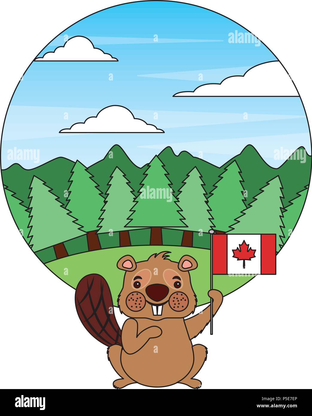 Cute Biber holding Flagge von Kanada im Wald Vector Illustration Stock Vektor