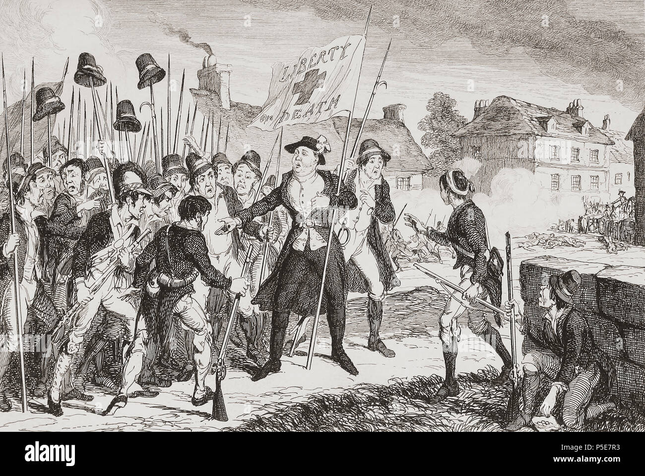 "Vater Murphy und die ketzer Kugeln". Abbildung von George Cruikshank. Am 9. Juni 1798 in der Schlacht von Arklow, County Wicklow, Vater Michael Murphy, ein allgemein mit der United Irishmen, davon überzeugt, dass seine Anhänger, die die britische Armee Gewehrkugeln ungefährlich waren und dass Er sie zu fangen. Dies inspirierte seine Männer anzugreifen, aber Vater Murphy wurde getötet. Aus der Geschichte der Irischen Rebellion 1798; mit Memoiren der Union, und Emmett Aufstand 1803 von W.H. Maxwell. In London 1854 veröffentlicht. Stockfoto