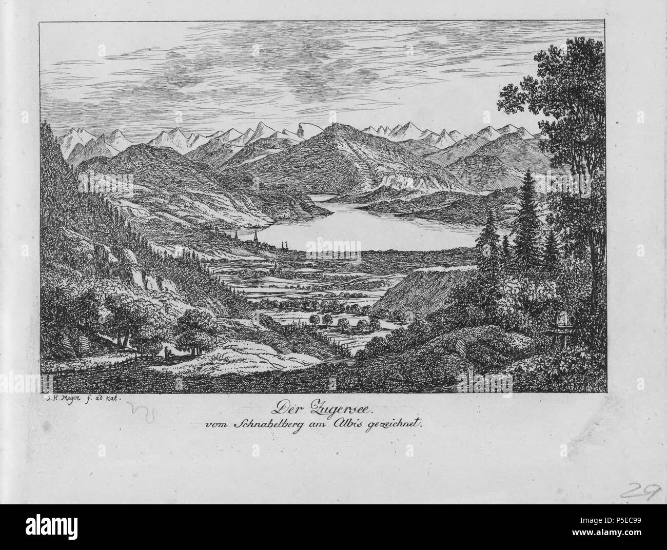 N/A. English: Buch: "reyssig Schweitzer-Gegenden, als Zugabe zu J.G. Ebels Handbuch für Reisende durch die Schweiz, Der Zugersee vom Schnabelberg am Albis gezeichnet. ca. 1810. J.H. Meyer 320 CH-NB-Schweizergegenden -18719 - Seite 059 Stockfoto
