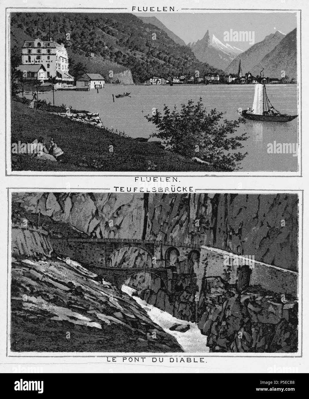N/A. Die Ouvenir du Lac des IV. Kantone, Flüelen, Teufelsbrücke, Le Pont du Diable. ca. 1885. Unbekannt 321 CH-NB-Souvenir du Lac des 4 Kantone -18789 - Seite 008 Stockfoto