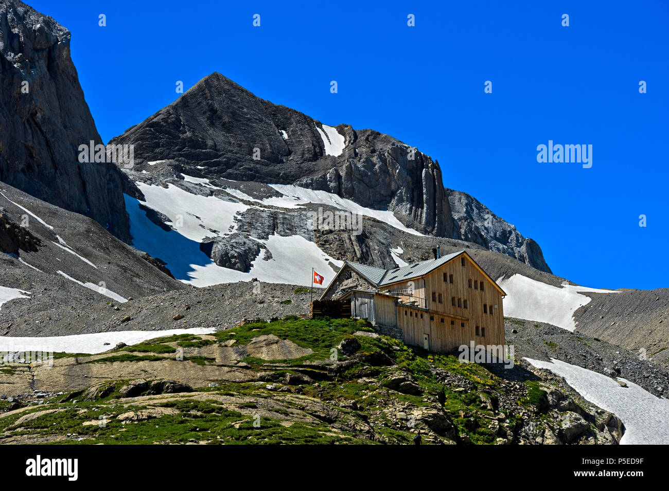 Wildhornhütte, Wildhorn massiv, Berner Oberland, Lenk, Schweiz Stockfoto