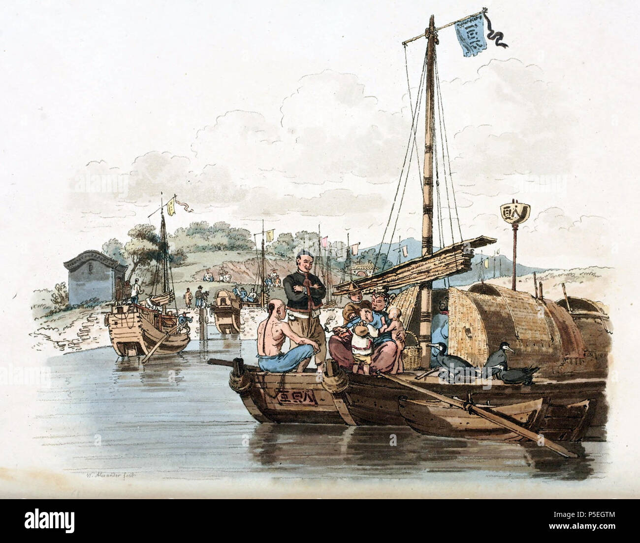 N/A. Englisch: Zeichnung von William Alexander, Verfasser der Macartney Botschaft in China im Jahre 1793. Eine chinesische Fischer mit seiner Familie auf seinem Boot; die Frau, die von ihren Kindern umgeben, ist das Rauchen einer Pfeife. Im Hintergrund gibt es eine Schleuse oder Überschwemmung - Tor, mit einem Schiff auf der Durchreise. Eines der Kinder hat einen Kürbis auf seine Schultern befestigt, die als Erhalter ertrinken zu verhindern. Auf dem Dollbord, es gibt drei braune Pelikane mit weißen Kehlen, bekannt als leutze, berühmten Angeln - Vögel von China. Alexander merkte, dass diese gut ausgebildete Vögel in großen Taub gesehen wurden Stockfoto