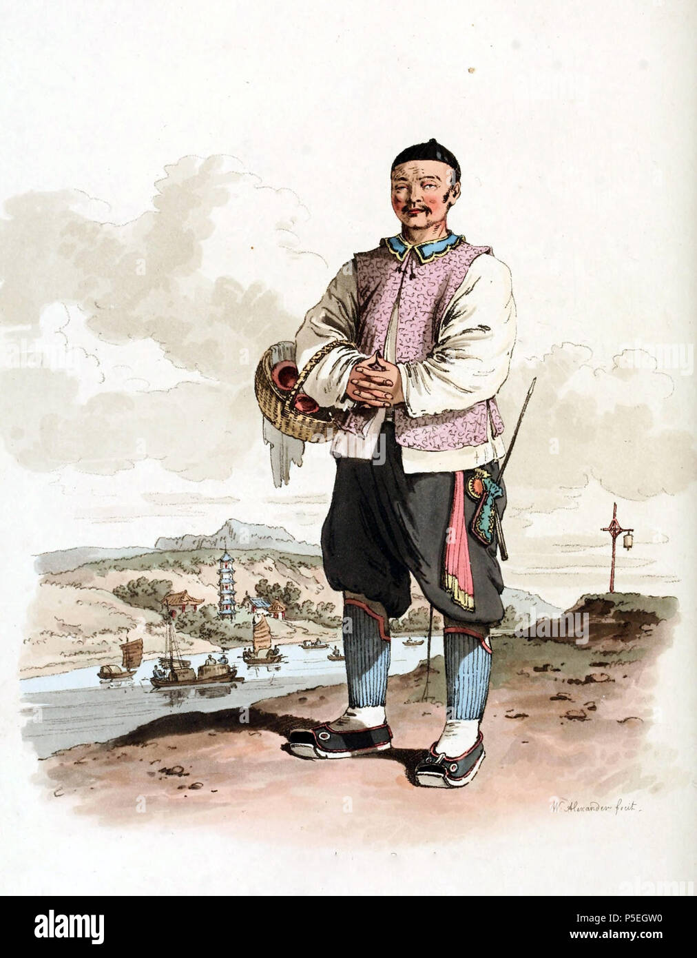N/A. Englisch: Zeichnung von William Alexander, Verfasser der Macartney Botschaft in China im Jahre 1793. Der Kaufmann trägt ein ärmelloses rosa Jacke aus Seide, mit einem Kragen aus Samt. Seine Strümpfe sind aus Baumwolle Steppdecke und seine Schuhe sind gestickt. Seine Pfeife, Tasche, Messer und Stäbchen sind aus einer Schärpe ausgesetzt; in der rechten Hand gibt es einen Korb mit yàn wō (燕窝, oder Schlucken' Nester) vom Meer gewebt - Unkraut, eine Delikatesse in der chinesischen Küche, die er zum Verkauf trägt. Der Hintergrund ist eine Ansicht von Han-tcheou-foo, die Hauptstadt der Provinz Tche-kiang. Bild aus dem Kostüm von China, Ill. Stockfoto