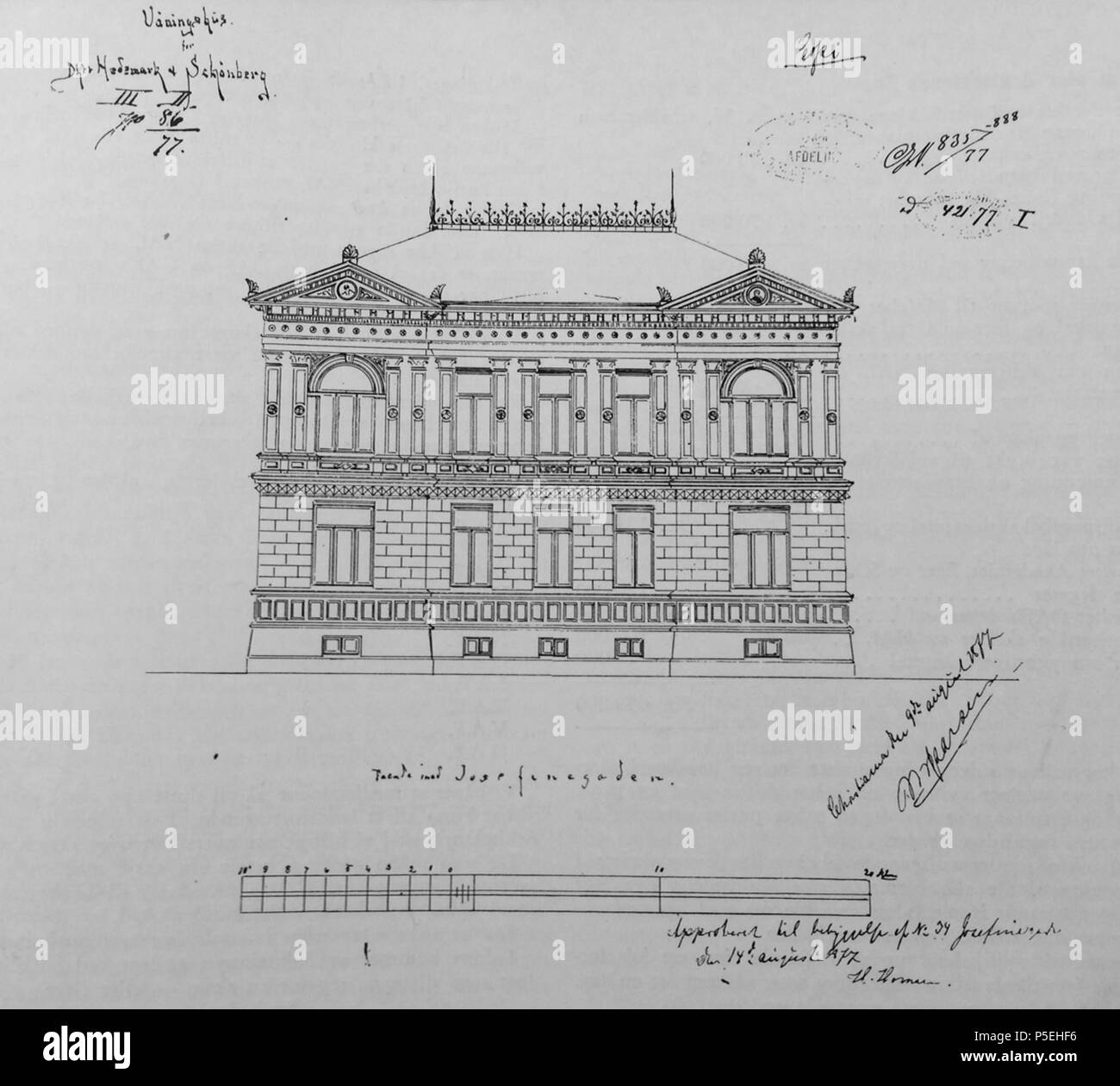 N/A. Englisch: Fassade Zeichnung eines 'Arkitektenes Hus", ein Gebäude aus dem Jahr 1877, in Oslo, Norwegen (josefines Gate 34) Norsk Bokmål: Arkitektenes Hus, Oslo. Fassade mot Josefines Tor. 1877. M.J.Larsen 122 Arkitektenes Hus Stockfoto
