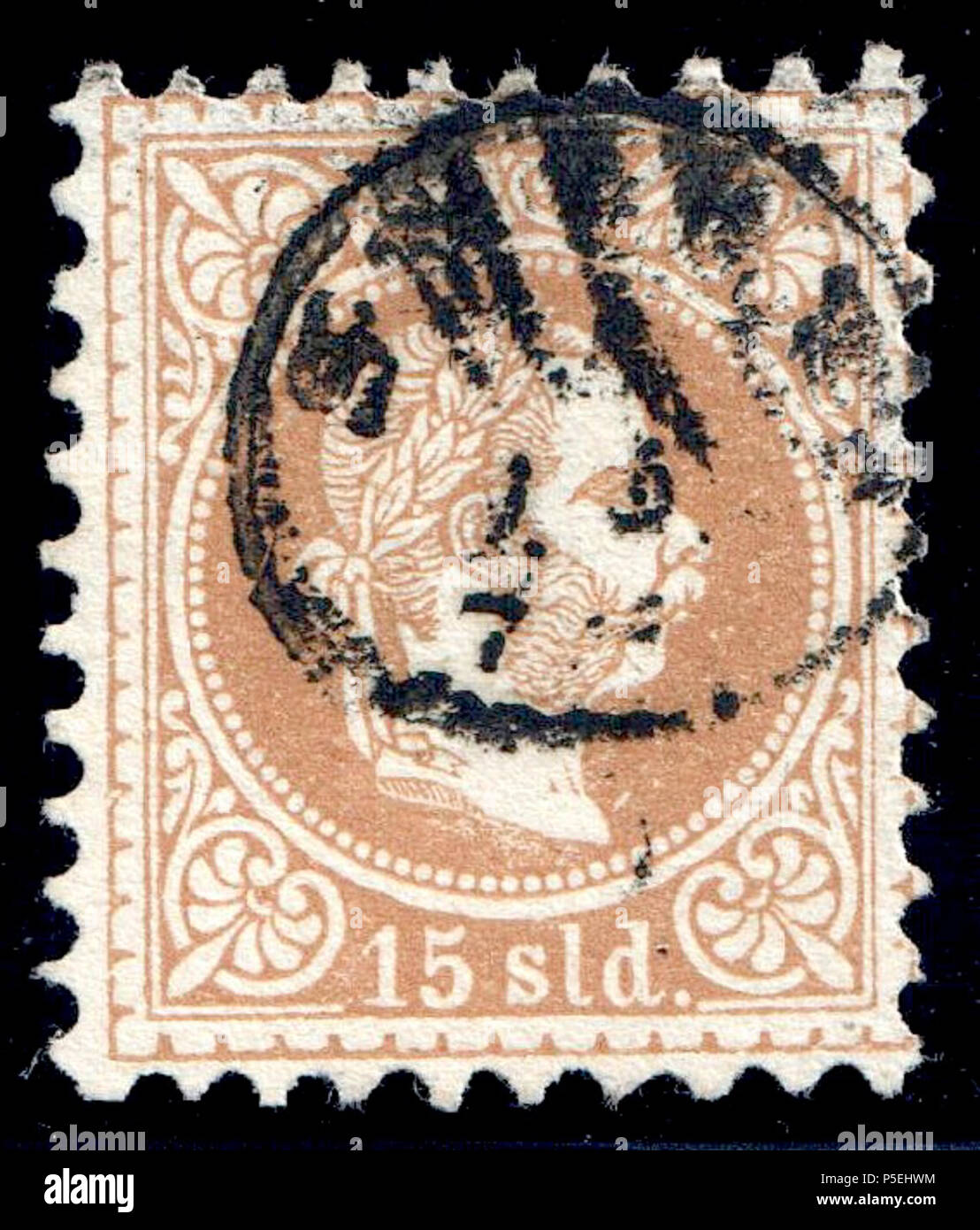 N/A. Englisch: Briefmarke der österreichisch-ungarischen Monarchie für die Nutzung durch die Levante Postämter, 15 soldi Braun, in Smyrna verwendet. Katalog: Sc. 5, Mi. 5 Ich (wahrscheinlich graubraun) Gültig für Porto 31.10.1884. 1867. Österreichisch-ungarische Post 153 Österreich Levante 1867 SC 5. Stockfoto