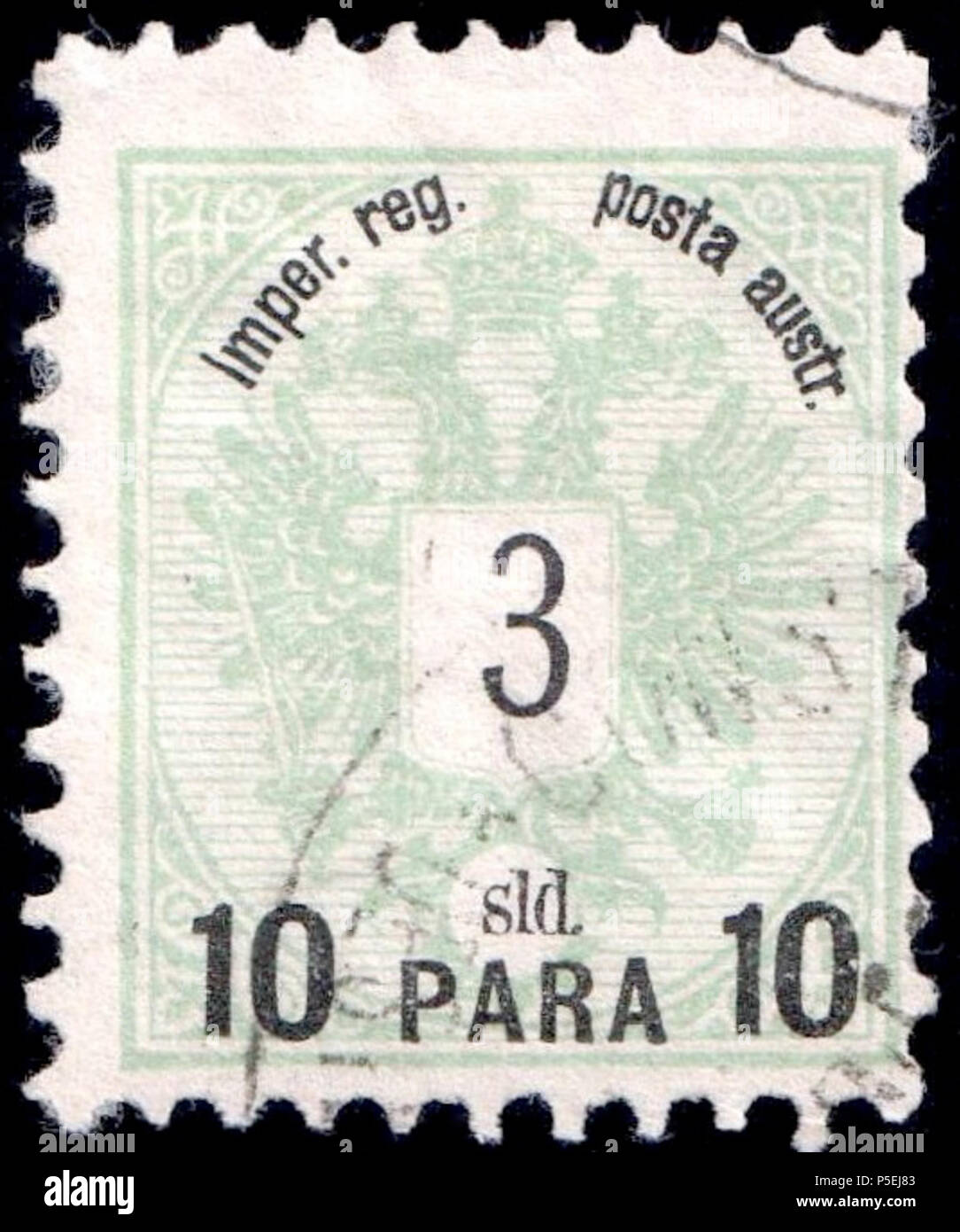 N/A. Englisch: Briefmarke der österreichisch-ungarischen Monarchie für die Nutzung durch die Levante Postämter, 10 Para am 3 Soldi grün, leicht in Konstantinopel verwendet. Katalog: Sc. ;;;;;;;;, Mi. 14 Gültig für Porto zum 30.6.1891. 1886. Österreichisch-ungarische Post 153 Österreich Levante 1886 Sc 14 Con Stockfoto