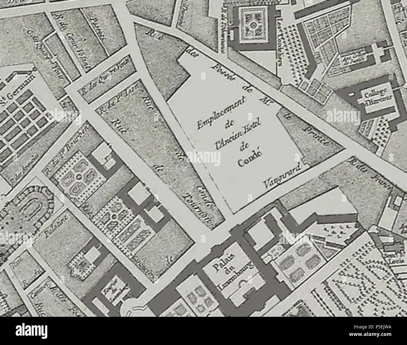N/A. Français: Extrait du Plan de Jaillot (1775) - EMPLACEMENT de l'Hôtel de Condé. 6. April 2014, 12:45:37. Jaillot 25 1775 Plan de Jaillot - Extrait-1 Stockfoto
