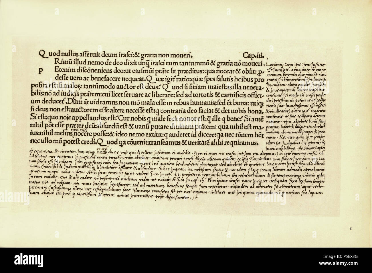N/A. English: Handschriftliche Randbemerkungen in humanistischer Kursive neben fertig entwickelter Antiqua; aus Lactantius' De ira Dei. Gedruckt 1490, geschrieben 1499. Drucker: Theodorus de Ragazonibus und unbekannter Schreiber (Gelehrter) 481 Druckschrift und Schreibschrift 1499 Stockfoto